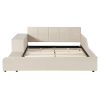 Queen-Size Upholstered Platform Bed with Bedside Desk and Stool, Cozy Bed Frame with Streamlined Structure, 84.5" L x 74" W x 28" H, Beige(m-2)