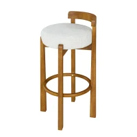 Modern Round Seat Bar Stools with Ergonomic Curved Backrest, Sherpa Padded Chairs with Integrated Footrest, 16'' L x 16.5'' W x 34'' H, Ivory+Walnut(m-6)