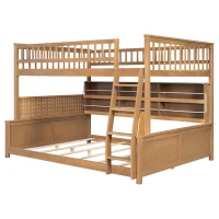 Full XL Over Queen Bunk Bed with Bulit-In Storage Shelf and Safety Rope, Useful Bed Frame with Pegboard Side Panel, 83.5" L x 62.5" W x 59" H, Brown(m-9)