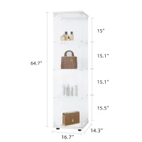 Glass Display Cabinet with Adjustable Feet and Safety Bumpers, Floor-Standing Curio Bookshelf with Tempered Glass, 16.5'' L x 14.5'' W x 64.5'' H, White(m-3)