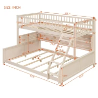 Twin XL Over Queen Bunk Bed with Built-In Storage Shelf and Safety Rope, Useful Bed Frame with Pegboard Side Panel, 83.5" L x 62.5" W x 59" H, Beige(m-3)