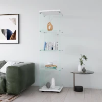 Glass Display Cabinet with Adjustable Feet and Safety Bumpers, Floor-Standing Curio Bookshelf with Tempered Glass, 16.5'' L x 14.5'' W x 64.5'' H, White(m-6)