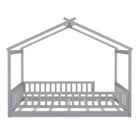 Full Size Wood House Bed with Roof and Fence, Sturdy Pinewood Bed Frame for Kids and Teens, 79.5" L x 57" W x 63" H, Gray(m-7)
