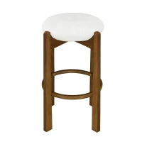 Indoor Bar Stools with Solid Rubberwood Frame, Non-Swivel Bar Chairs with Upholstered Round Seat, 19.5'' L x 19.5'' W x 30'' H, Ivory+Walnut(m-2)