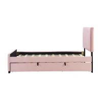 Space-Saving Twin Size Upholstered Platform Bed with Trundle Under Bed, Cozy Bed Frame with Velvet Fabric, 80" L x 41.5" W x 42.5" H, Pink(m-7)