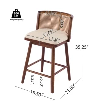 Woven Rattan Counter Chairs with Padded Upholstered Seat, Counter Height Bar Stools with Durable Frame, 19.5'' L x 21'' W x 35'' H, Beige+Walnut(m-3)