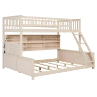Twin XL Over Queen Bunk Bed with Built-In Storage Shelf and Safety Rope, Useful Bed Frame with Pegboard Side Panel, 83.5" L x 62.5" W x 59" H, Beige(m-10)