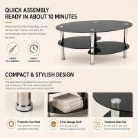 Oval Tempered Glass Coffee Table with Stainless Steel Legs, Modern Living Room Centre Table with Rounded Edges, 34.5'' L x 19'' W x 16'' H, Black(m-5)