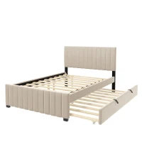 Space-Saving Full Size Upholstered Platform Bed with Twin-Size Trundle, Solid Bed Frame with 10 Reinforced Slats, 80" L x 58" W x 46" H, Beige(m-5)