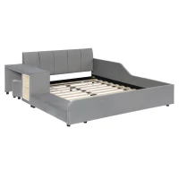 Full Size Upholstered Platform Bed with Bedside Desk and Stool, Cozy Bed Frame with Streamlined Structure, 79.5" L x 68" W x 28" H, Gray(m-6)