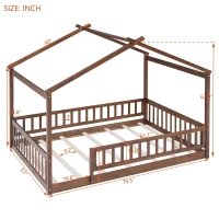 Full Size Wood House Bed with Roof and Fence, Sturdy Pinewood Bed Frame for Kids and Teens, 79.5" L x 57" W x 63" H, Walnut(m-3)