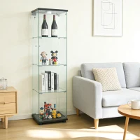 Floor-Standing Curio Bookcase with Tempered Glass Door, LED Glass Display Cabinet with Adjustable Feet, 16.5'' L x 14.5'' W x 64.5'' H, Black(m-1)