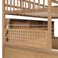 Twin XL Over Queen Bunk Bed with Built-In Storage Shelf and Safety Rope, Useful Bed Frame with Pegboard Side Panel, 83.5" L x 62.5" W x 59" H, Brown(m-13)