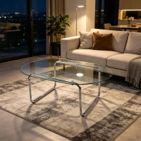 Curved Tempered Glass Coffee Table with Fingerprint-Resistant Top, Minimalist Center Table with Metal Legs, 35.5'' L x 23.5'' W x 15'' H, Transparent(m-6)