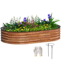 Outsunny 5' x 3' x 1' Large Outdoor Planter Box, Galvanized Raised Garden Bed with Metal Plant Stake, Brown Wood Effect(m-9)