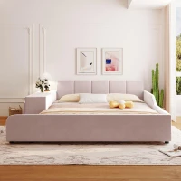 Queen-Size Upholstered Platform Bed with Bedside Desk and Stool, Cozy Bed Frame with Streamlined Structure, 84.5" L x 74" W x 28" H, Pink(m-4)