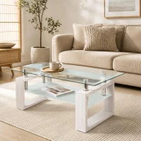 Modern Glass Coffee Table with Wood-Grain MDF Legs, Minimalist Center Table with 2-Tier Storage, 34.5'' L x 18.5'' W x 17.5'' H, Transparent+White(m-1)
