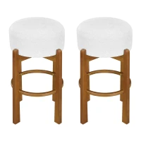 Round Bar Stool Set of 2 with Padded Upholstered Seat, Non-Swivel Bar Chairs with Ivory Upholstered Cushion, 19.5'' L x 19.5'' W x 30'' H, Ivory+Walnut(m-4)