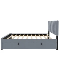 Space-Saving Full Size Upholstered Platform Bed with Twin-Size Trundle, Solid Bed Frame with 10 Reinforced Slats, 80" L x 58" W x 46" H, Gray(m-7)