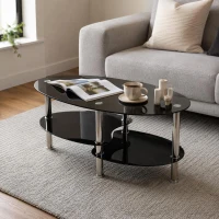 Oval Tempered Glass Coffee Table with Stainless Steel Legs, Modern Living Room Centre Table with Rounded Edges, 34.5'' L x 19'' W x 16'' H, Black(m-7)