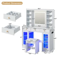 Aesthetic Makeup Vanity Desk with LED Mirror and Adjustable RGB Lights, Spacious Makeup Vanity with 6 Drawers, 44.5" L x 15.5" W x 55" H, White(m-3)