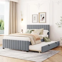 Space-Saving Full Size Upholstered Platform Bed with Twin-Size Trundle, Solid Bed Frame with 10 Reinforced Slats, 80" L x 58" W x 46" H, Gray(m-1)
