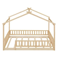 Full Size Wood House Bed with Roof and Fence, Sturdy Pinewood Bed Frame for Kids and Teens, 79.5" L x 57" W x 63" H, Natural(m-2)