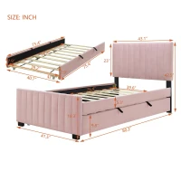Space-Saving Twin Size Upholstered Platform Bed with Trundle Under Bed, Cozy Bed Frame with Velvet Fabric, 80" L x 41.5" W x 42.5" H, Pink(m-3)