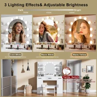 Large Makeup Vanity Desk with 6 Open Shelves and 3 Drawers, Functional Makeup Vanity with Dimmable LED Mirror, 44.5" L x 14" W x 55" H, White(m-4)