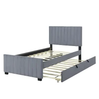 Space-Saving Twin Size Upholstered Platform Bed with Trundle Under Bed, Cozy Bed Frame with Velvet Fabric, 80" L x 41.5" W x 42.5" H, Gray(m-5)