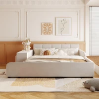 Queen-Size Upholstered Platform Bed with Bedside Desk and Stool, Cozy Bed Frame with Streamlined Structure, 84.5" L x 74" W x 28" H, Beige(m-4)
