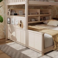 Twin XL Over Queen Bunk Bed with Built-In Storage Shelf and Safety Rope, Useful Bed Frame with Pegboard Side Panel, 83.5" L x 62.5" W x 59" H, Beige(m-6)