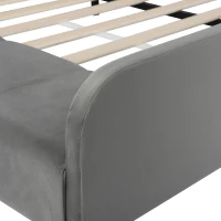 Queen-Size Upholstered Platform Bed with Bedside Desk and Stool, Cozy Bed Frame with Streamlined Structure, 84.5" L x 74" W x 28" H, Gray(m-11)