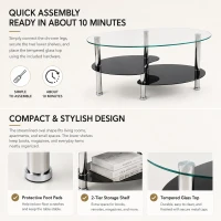 Oval Tempered Glass Coffee Table with Stainless Steel Legs, Modern Centre Table with Rounded Edges, 34.5'' L x 19'' W x 16'' H, Black+Transparent(m-5)