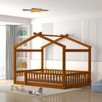 Full Size Wood House Bed with Roof and Fence, Sturdy Pinewood Bed Frame for Kids and Teens, 79.5" L x 57" W x 63" H, Walnut(m-1)