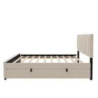 Space-Saving Full Size Upholstered Platform Bed with Twin-Size Trundle, Solid Bed Frame with 10 Reinforced Slats, 80" L x 58" W x 46" H, Beige(m-7)