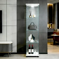 Floor-Standing Curio Bookcase with Tempered Glass Door, LED Glass Display Cabinet with Adjustable Feet, 16.5'' L x 14.5'' W x 64.5'' H, White(m-8)