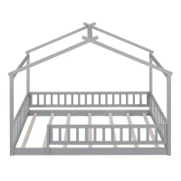 Full Size Wood House Bed with Roof and Fence, Sturdy Pinewood Bed Frame for Kids and Teens, 79.5" L x 57" W x 63" H, Gray(m-2)