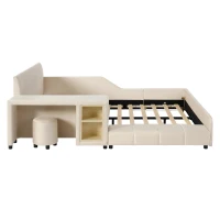 Full Size Upholstered Platform Bed with Bedside Desk and Round Stool, Cozy Bed Frame with Streamlined Structure, 79.5" L x 68" W x 28" H, Beige(m-9)
