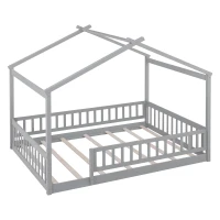 Full Size Wood House Bed with Roof and Fence, Sturdy Pinewood Bed Frame for Kids and Teens, 79.5" L x 57" W x 63" H, Gray(m-6)