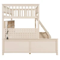 Twin XL Over Queen Bunk Bed with Built-In Storage Shelf and Safety Rope, Useful Bed Frame with Pegboard Side Panel, 83.5" L x 62.5" W x 59" H, Beige(m-11)