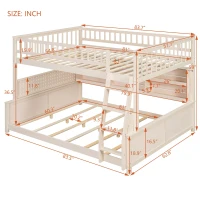 Full XL Over Queen Bunk Bed with Built-In Storage Shelf and Safety Rope, Useful Bed Frame with Pegboard Side Panel, 83.5" L x 62.5" W x 59" H, Beige(m-3)