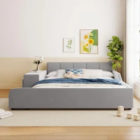 Queen-Size Upholstered Platform Bed with Bedside Desk and Stool, Cozy Bed Frame with Streamlined Structure, 84.5" L x 74" W x 28" H, Gray(m-4)