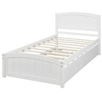 Space-Savimg Twin Size Wood Platform Bed with Roll-Out Trundle, Solid Bed Frame with 10 Supporting Slats, 79.5" L x 41.5" W x 37.5" H, White(m-5)