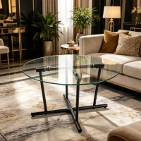 Round Tempered Glass Coffee Table with Solid Iron Legs, Modern Center Table with Stable Frame, 27.5'' L x 27.5'' W x 14.5'' H, Black+Transparent(m-7)