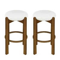 Indoor Bar Stools with Solid Rubberwood Frame, Non-Swivel Bar Chairs with Upholstered Round Seat, 19.5'' L x 19.5'' W x 30'' H, Ivory+Walnut(m-4)