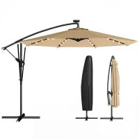 Outsunny 9.7ft Solar LED Cantilever Patio Umbrella with 32 LED Lights, Cross Base, Crank Handle, for Poolside, Deck, Khaki(m-9)