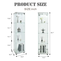 Floor-Standing Curio Bookcase with Tempered Glass Door, LED Glass Display Cabinet with Adjustable Feet, 16.5'' L x 14.5'' W x 64.5'' H, White(m-3)
