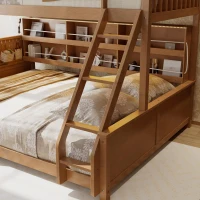 Twin XL Over Queen Bunk Bed with Built-In Storage Shelf and Safety Rope, Useful Bed Frame with Pegboard Side Panel, 83.5" L x 62.5" W x 59" H, Brown(m-8)