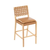 Modern Bar Stools with Hand‑Woven PU Back, Strap-Back Bar Chairs with Padded PU Seat, 18'' L x 21.5'' W x 40.5'' H, Brown+Natural(m-6)